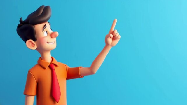 3D cartoon character of a smiling man in orange shirt pointing upwards on a blue background. Concept of guidance, presenting ideas, and cheerful communication.