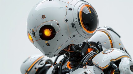 Fototapeta premium Close-up of a futuristic white robot with orange accents, showcasing intricate details and glowing eyes.