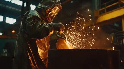 Worker in Protective Gear Pouring Molten Metal in Industrial Foundry with Sparks Flying in a High-Tech Manufacturing Environment