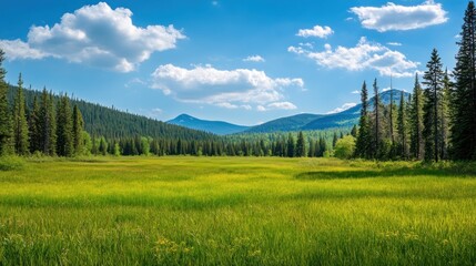 Fototapeta premium Serene Mountain Meadow Landscape Under a Summer Sky