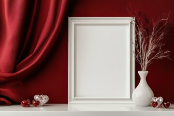 valentines day decor, a chic white photo frame with crystal embellishments on a white shelf, against a backdrop of luxurious red drapes in a valentines day scene