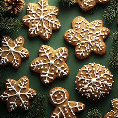 Close-up of Festive Holiday Cookies Decorated with Icing, Showcasing a Delightful Arrangement of Snowflakes and Gingerbread Characters on a Green Background