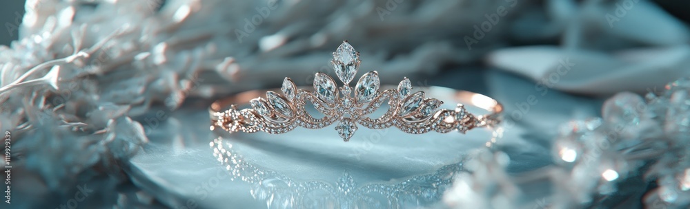 Poster a delicate tiara adorned with sparkling jewels, resting on a reflective surface.