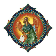 Obraz premium John Baptist, Saint John the Forerunner, John the Immerser, Prophet Yahya, John the Baptizer. Religious decorative dome. Christian illustration in Byzantine style isolated on white background