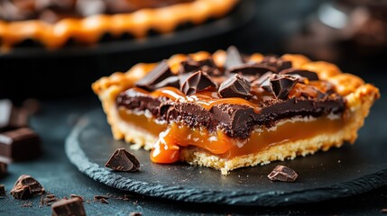 Enticing pie featuring a gooey caramel center and a rich chocolate crust, adorned with artful chocolate pieces for a standout dessert masterpiece experience.
