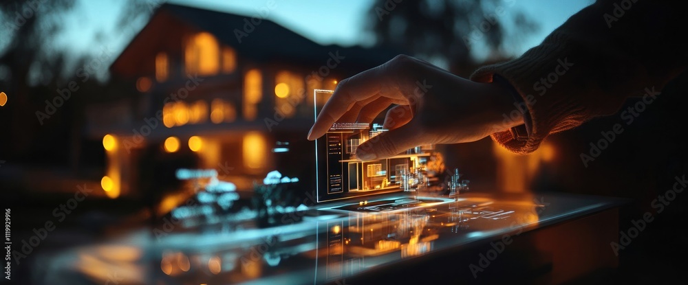 Aufkleber a hand interacts with a holographic display in front of a cozy, illuminated house.