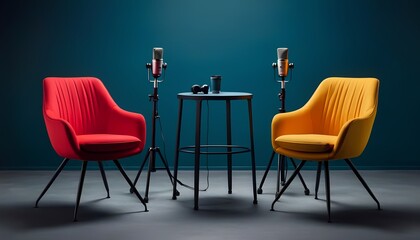 Modern podcast studio setup with colorful armchairs, microphones, and a small table against a teal backdrop. Ideal for broadcasting, communication, and media concepts.