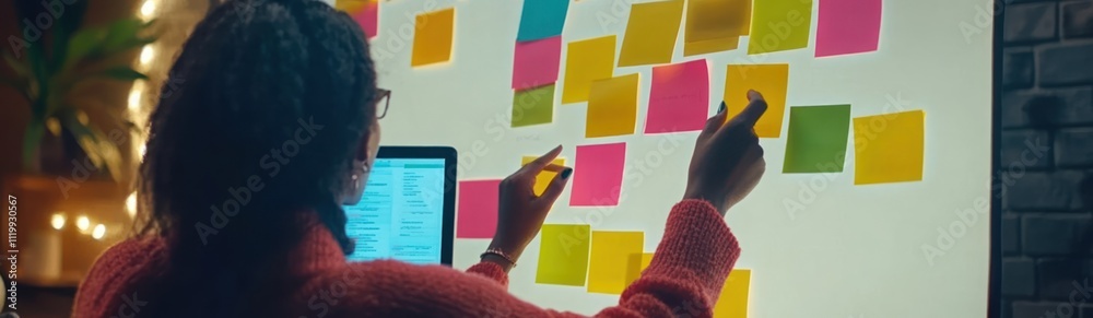 Poster a person arranging colorful sticky notes on a wall, brainstorming ideas in a creative workspace.