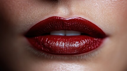 Fototapeta premium Close-up image of glossy red lips showcases the rich color and texture with vivid clarity, presenting a symbol of fashion and elegance in modern beauty aesthetics.