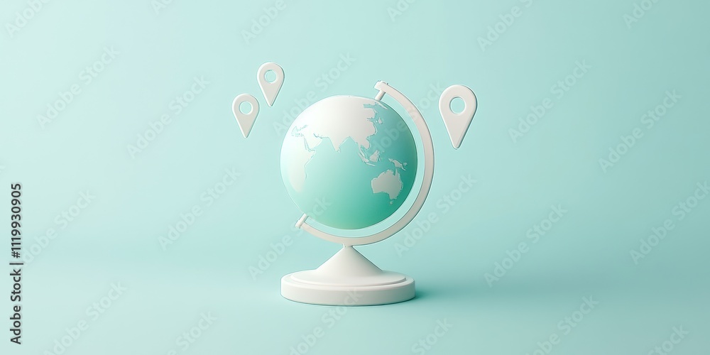 Poster A minimalist globe model with location markers on a soft background.