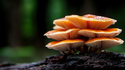 A vibrant cluster of orange mushrooms grows on a forest log, surrounded by a blurred natural backdrop, offering a glimpse into forest ecology and life.