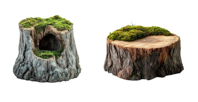 Natural Tree Stump with Moss Isolated on Background