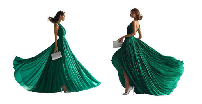 Elegant Woman in Flowing Green Dress on Transparent Background - Powered by Adobe