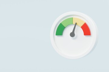 3d Speedometer icon. Minimal Status Speedometer with arrow scale gauge. Green, Yellow, Orange, Red Status color or low, medium, high arrow scale performance status icon. Credit rating score. 3d render