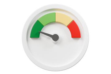 3d Speedometer icon. Minimal Status Speedometer with arrow scale gauge. Green, Yellow, Orange, Red Status color or low, medium, high arrow scale performance status icon. Credit rating score. 3d render