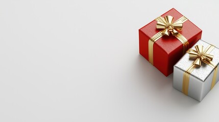 Red and silver gift boxes with gold bows on a white background