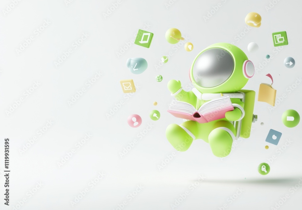 Poster A green astronaut character reading a book, surrounded by colorful icons representing knowledge.