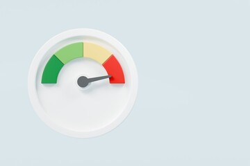 3d Speedometer icon. Minimal Status Speedometer with arrow scale gauge. Green, Yellow, Orange, Red Status color or low, medium, high arrow scale performance status icon. Credit rating score. 3d render