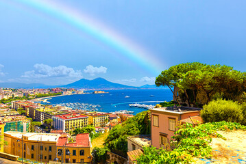 Naples, Italy. Gulf of Naples with rainbow. View from Sant'Antonio a Posillipo of Mount Vesuvius, Mergellina, Castel dell'Ovo. View from above on the city.