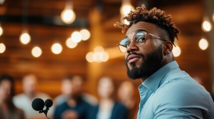 Fototapeta premium A young man with stylish glasses stands confidently at a microphone, ready to address an attentive audience in a warmly lit, modern setting, exhibiting charisma and poise.