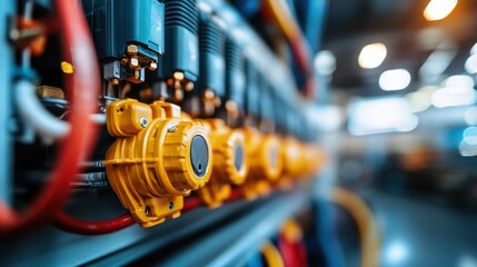 An in-depth view of an orange cable connected as part of a complex system in a server room, capturing the technical allure and precision of modern technology setups.