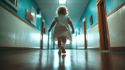 A solitary young child in a white dress walks down a hospital hallway bathed in blue light, reflecting themes of resilience and innocence amidst unknown surroundings.