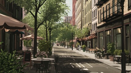 Obraz premium Serene City Street Cafe: A Summer Day's Calm