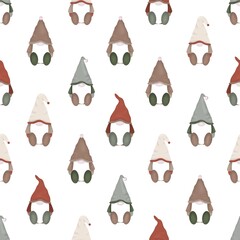 seamless pattern with gnomes in different pastel colors on a white background