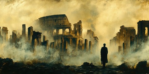 Silhouette of man in ruined ancient city landscape with misty atmosphere