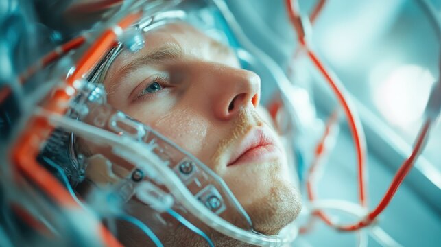 A portrait of an individual linked to transparent futuristic tech cables, engaging concepts of connectedness and merging human with technology in an intense gaze.