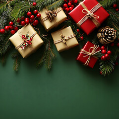Close-Up of a Festive Holiday Arrangement Featuring Christmas Gifts, Red Berries, Pine Cones, and Evergreens on a Green Background