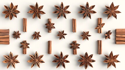 A set of cinnamon sticks and star anise seeds, viewed from above on a white background
