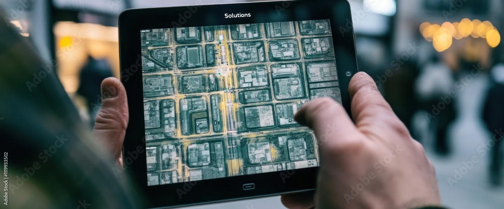Aufkleber a person using a tablet to view a map of a city street layout.