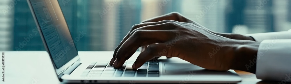 Poster a close-up of hands typing on a laptop, highlighting productivity and technology use.