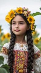 Young caucasian female child with sunflower crown in traditional dress