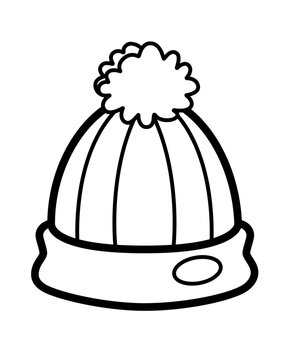 recommend clip art: Winter hat linear vector illustration for pictogram or logo. Knitted hat with a pompom - for coloring. Outline. Warm black hat - warm clothes linear picture.	