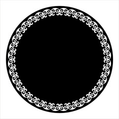 Round Monochrome Kazakh carpet ornament frame. Ornamental elements, motifs of Turkic, Kazakh, Kyrgyz, Uzbek, national Asian decor for plate, textile, print design, embroidery, sandblaster.