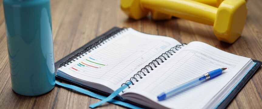 Tracking progress and motivation on a weight loss journey with fitness journal and water bottle