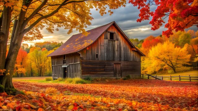 Rustic barn surrounded by vibrant autumn foliage in a rural countryside landscape