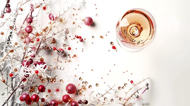 A sparkling wine glass surrounded by festive accents, isolated on a white background