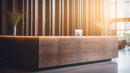 A modern reception desk illuminated by morning light, creating a welcoming and professional atmosphere.


