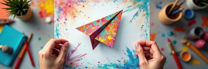 Fototapeta premium A vibrant, creative workspace featuring colorful paper, paints, and a handmade paper airplane, symbolizing adventure and the importance of travel insurance.