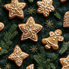 Festive Close-Up of Delicious Holiday Cookies Decorated with Icing on a Dark Green Background Surrounded by Pine Needles and Snowflakes