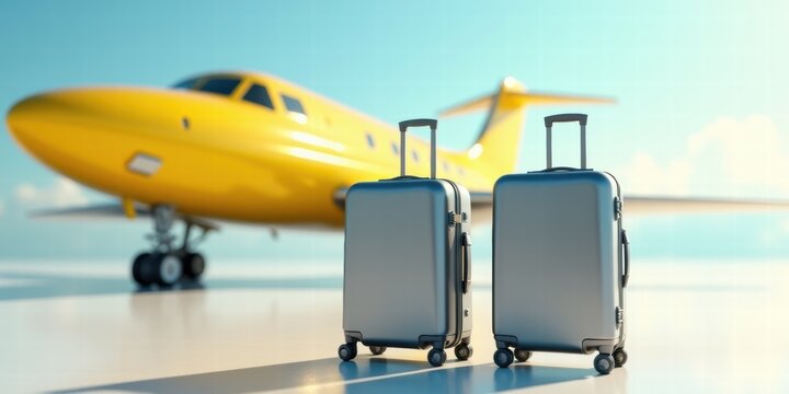 Two silver suitcases stand on a runway in front of a yellow airplane, symbolizing travel and the importance of securing travel insurance for peace of mind.