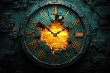 Ancient broken clock with a fiery sky visible through the center