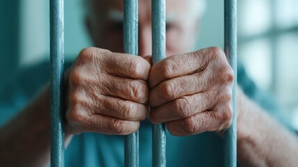 Close-up image of aged hands tightly gripping metal bars, suggesting confinement and a strong yearning for freedom behind a blurred prison-like background.