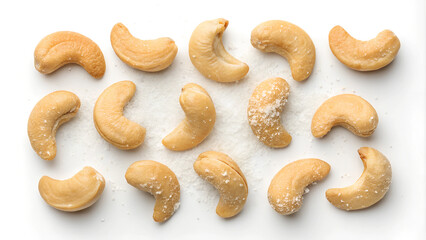 Salted Cashew Nuts Isolated on White Background – Top View for Snack and Food Designs.