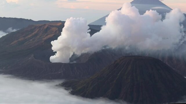 Smoke rising from Bromo volcano, Mount Bromo eruption Java island Indonesia