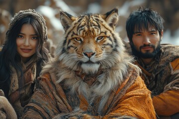 Asian young adults in winter clothing with large tiger in snowy landscape