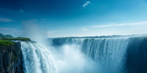 Majestic waterfall cascading down cliffs under a clear blue sky in a peaceful natural landscape
